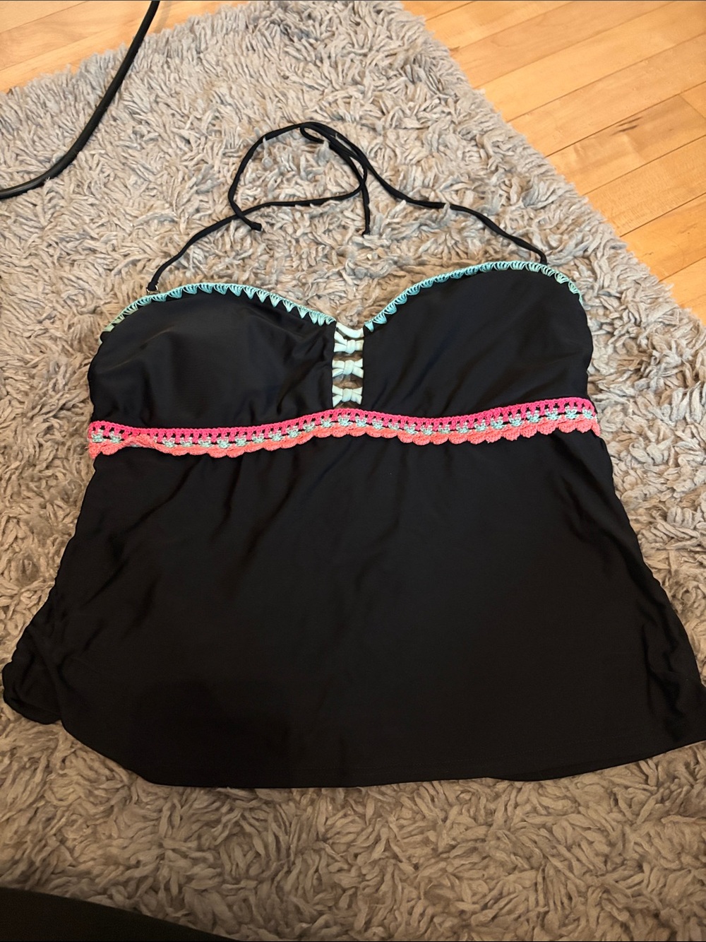 Arizona Jean Company Black Tankini Top with Teal and Pink Trim